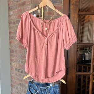 Pilcro Puff Sleeve Scoop Neck Henley Tee Dusty Rose/Peach tone